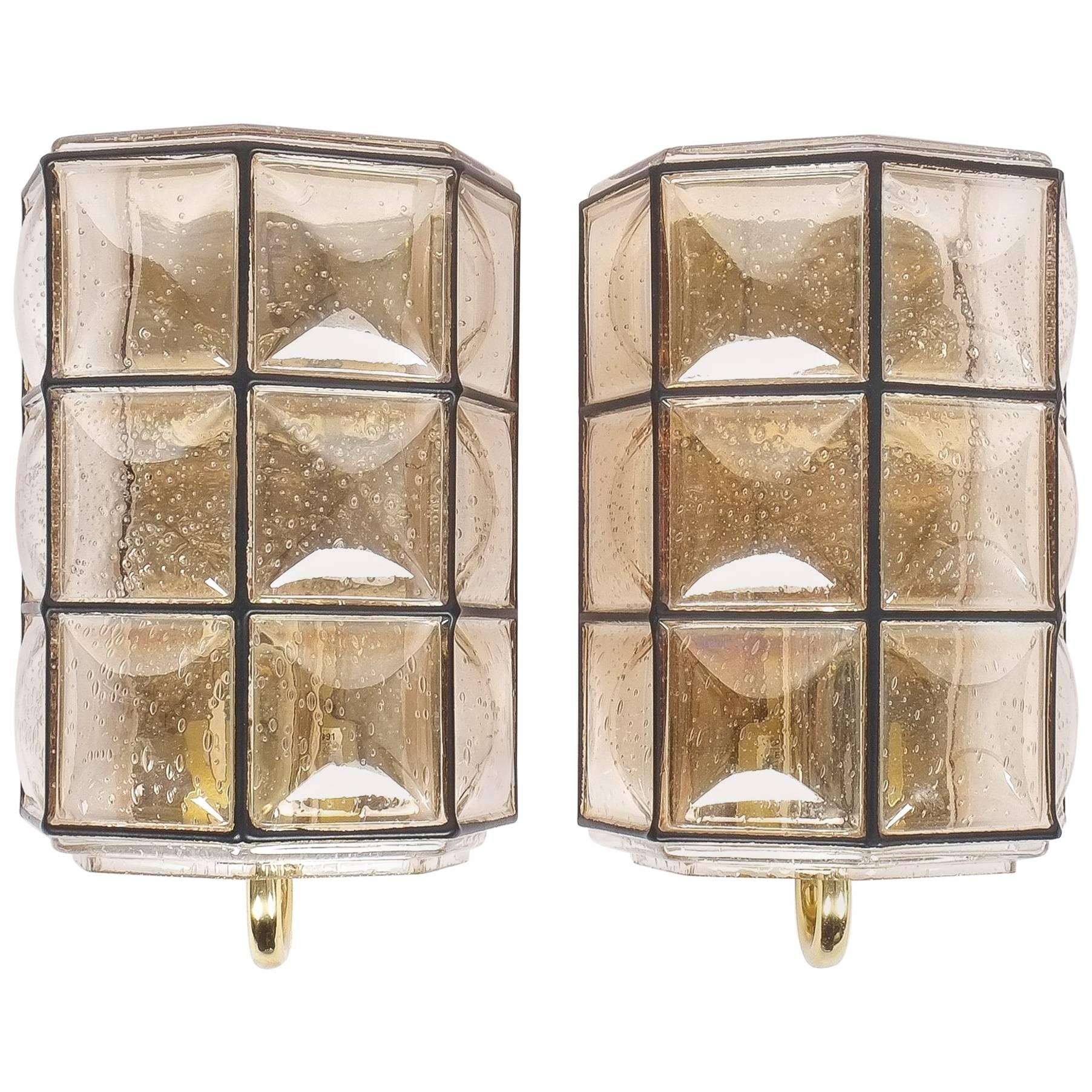 Glashütte Limburg Pair of Brass and Glass Sconces Wall Lamps, Germany, 1960