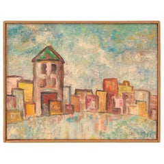 Vintage Steven Sles City Landscape Oil on Linen Painting, 1957 