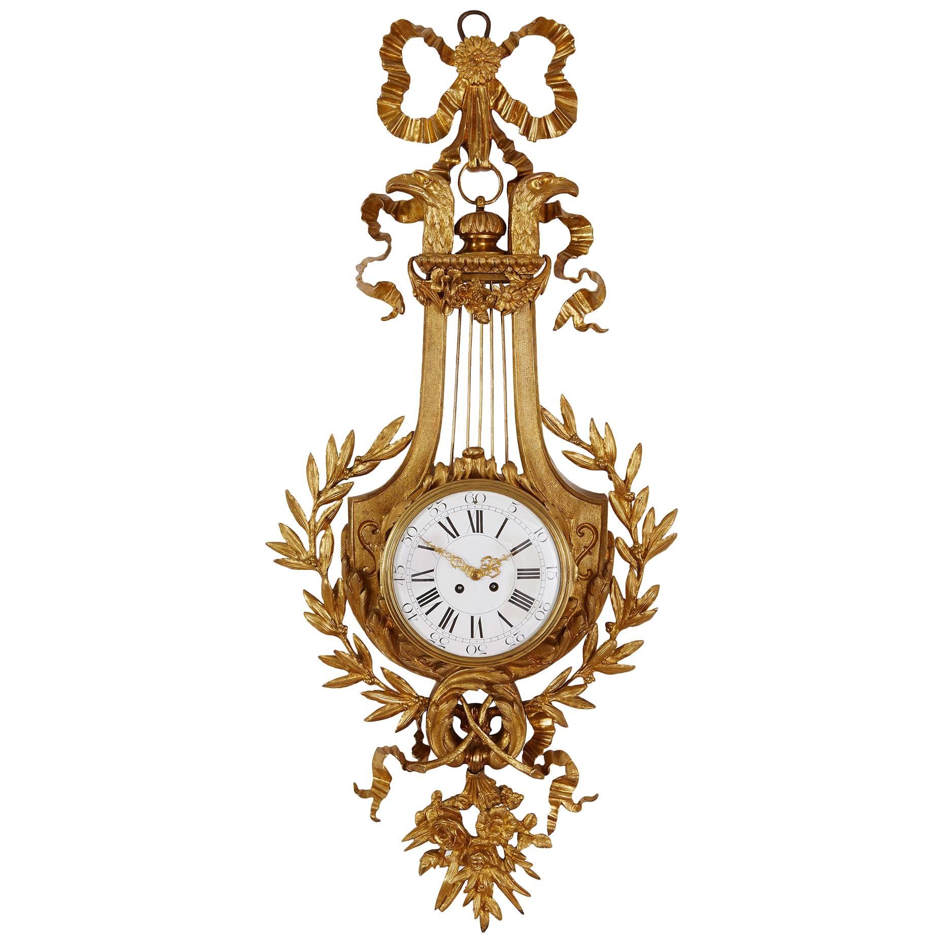 Neoclassical Style Gilt Bronze Cartel Cartel Clock with Lyre-Shaped Back Plate For Sale