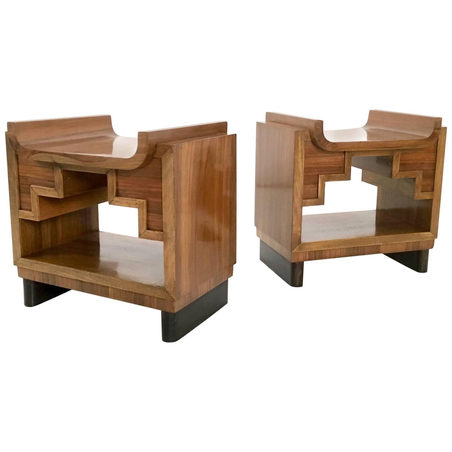 Pair of Unique Walnut Poufs/Nightstands, Italy, 1930s-1940s