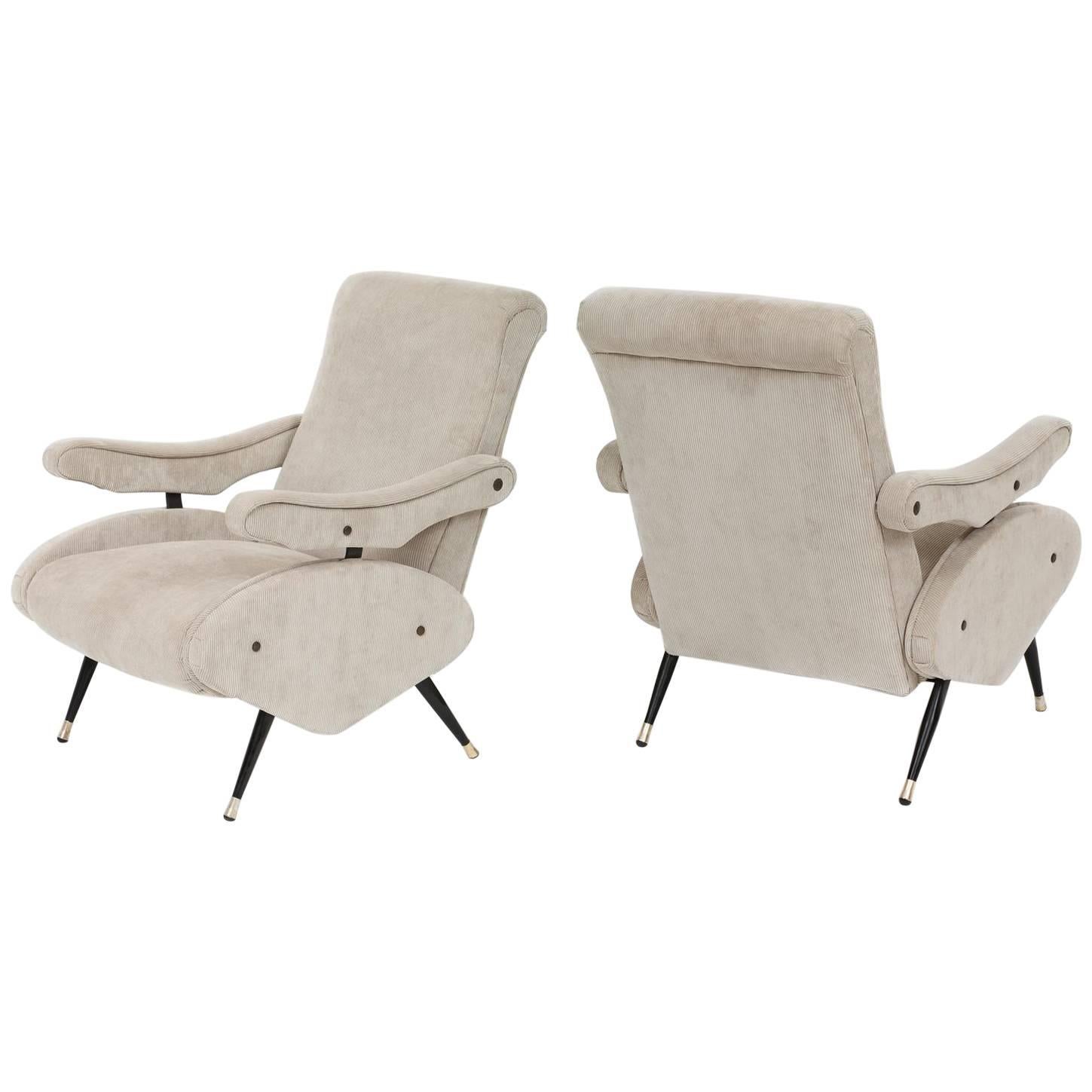 Italian Reclining  Zanuso Style Grey Corduroy Pair Lounge Chairs, Mid-Century