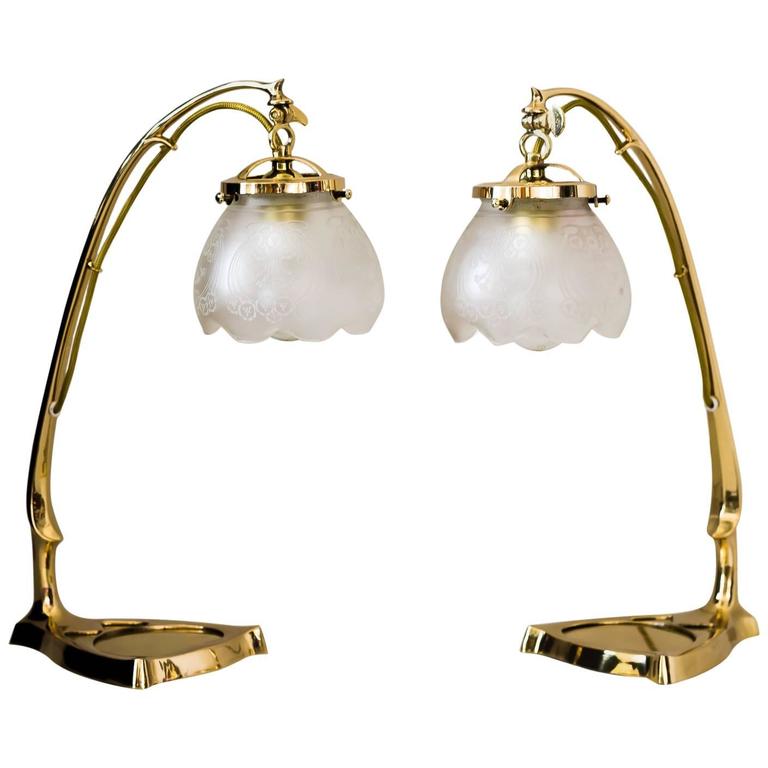 Two Art Nouveau Table Lamp with Original Glass Shades For Sale at 1stdibs