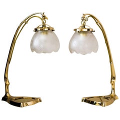 Two Art Nouveau Table Lamp with Original Glass Shades