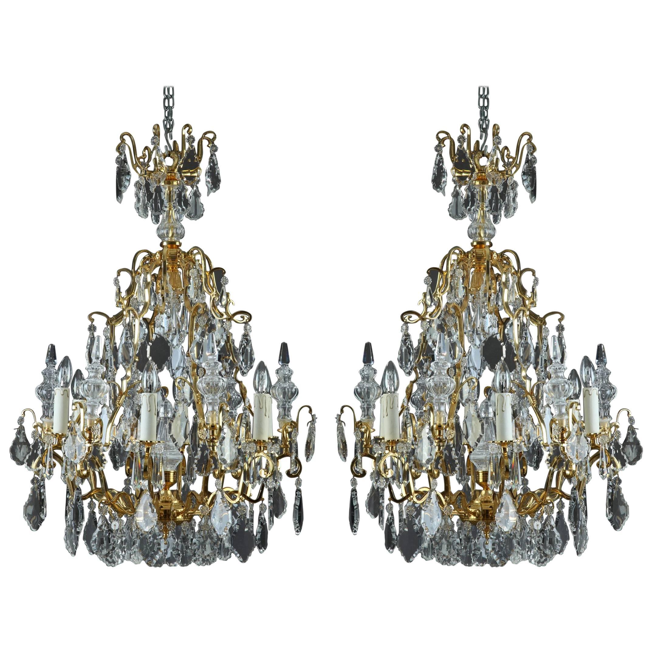 19th Century Cut-Crystal and Gilt Bronze Pair of Chandeliers