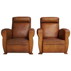 Pair of French Cognac Leather Club Chairs, 1940s 9