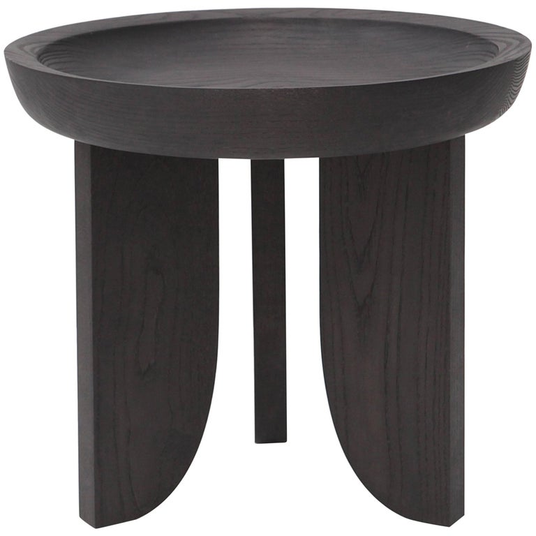 Dish Solid Wood Contemporary Sculptural Carved Side Coffee Stool Table Black For Sale