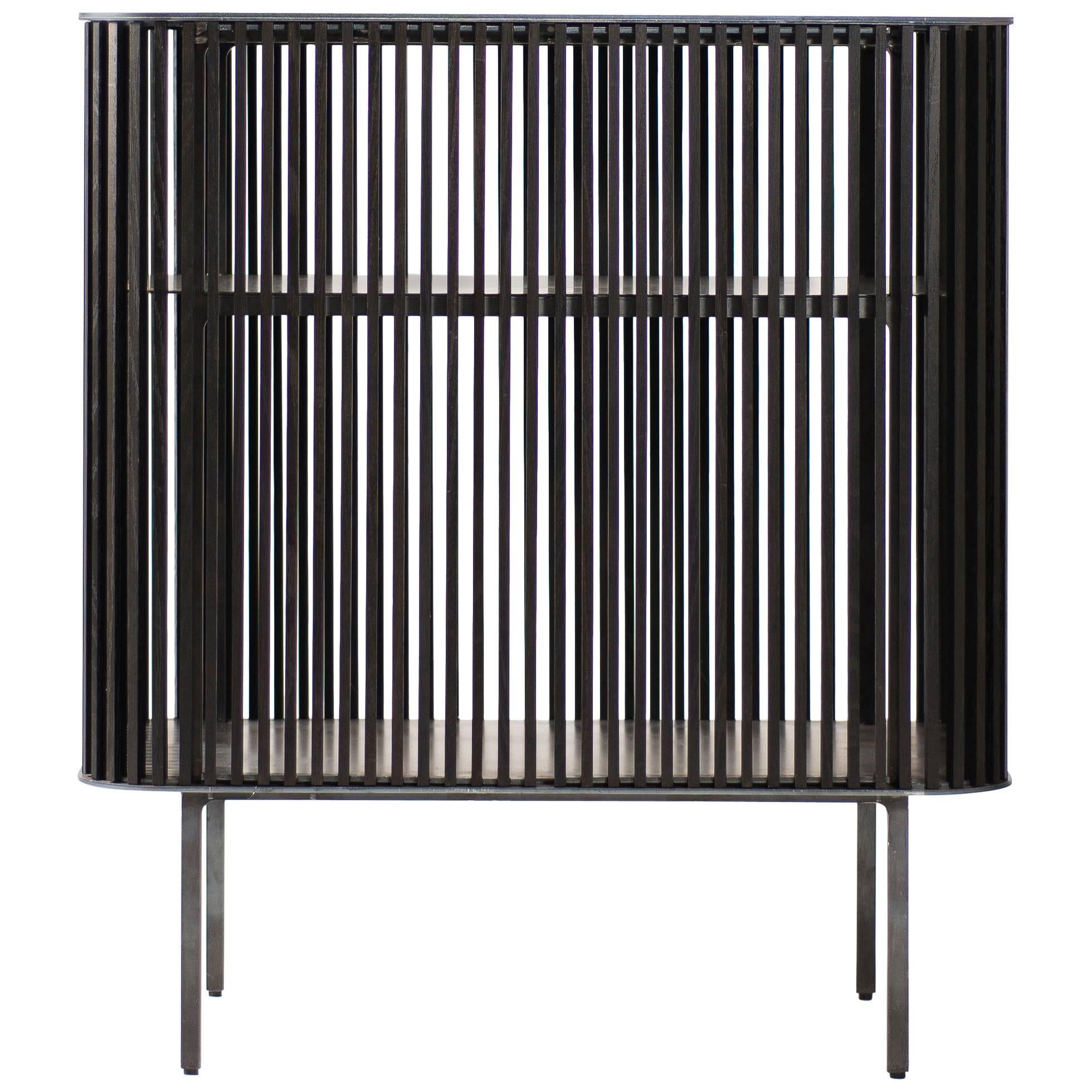 Dry Bar in Oiled Laser-Cut Steel Frame with Black Oak Slats and Leather Top