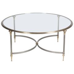 Circular Glass Top Chrome and Brass Coffee Table, French, 1970s 3