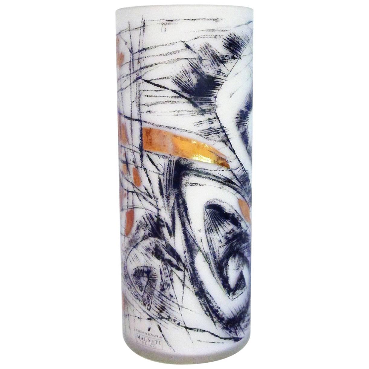 Carlo Malnati Italian Glass Vase with Abstract Graphic Design and Gold Overlay