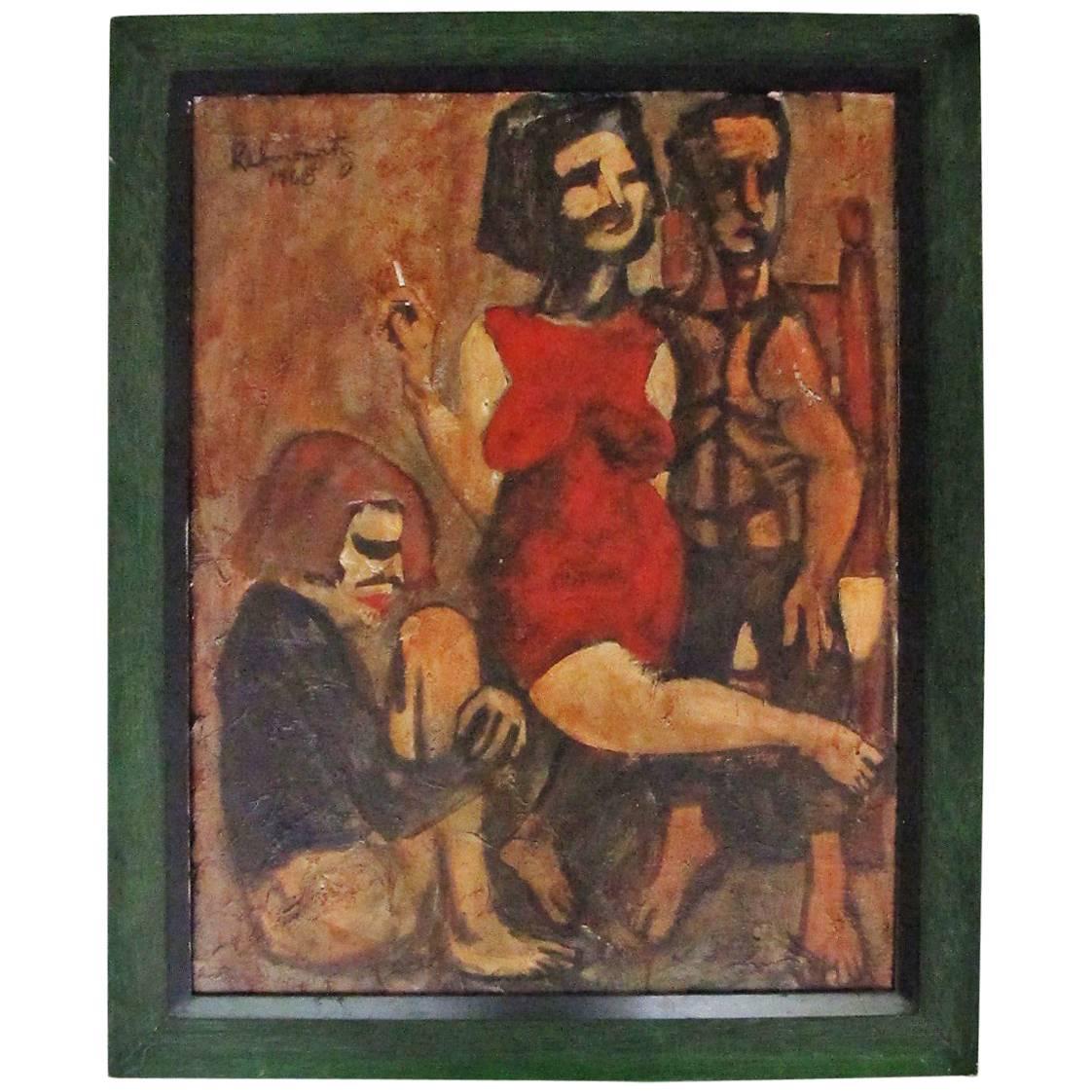 Existential Beatnik Oil Painting Signed "Rabinowitz 1968" For Sale