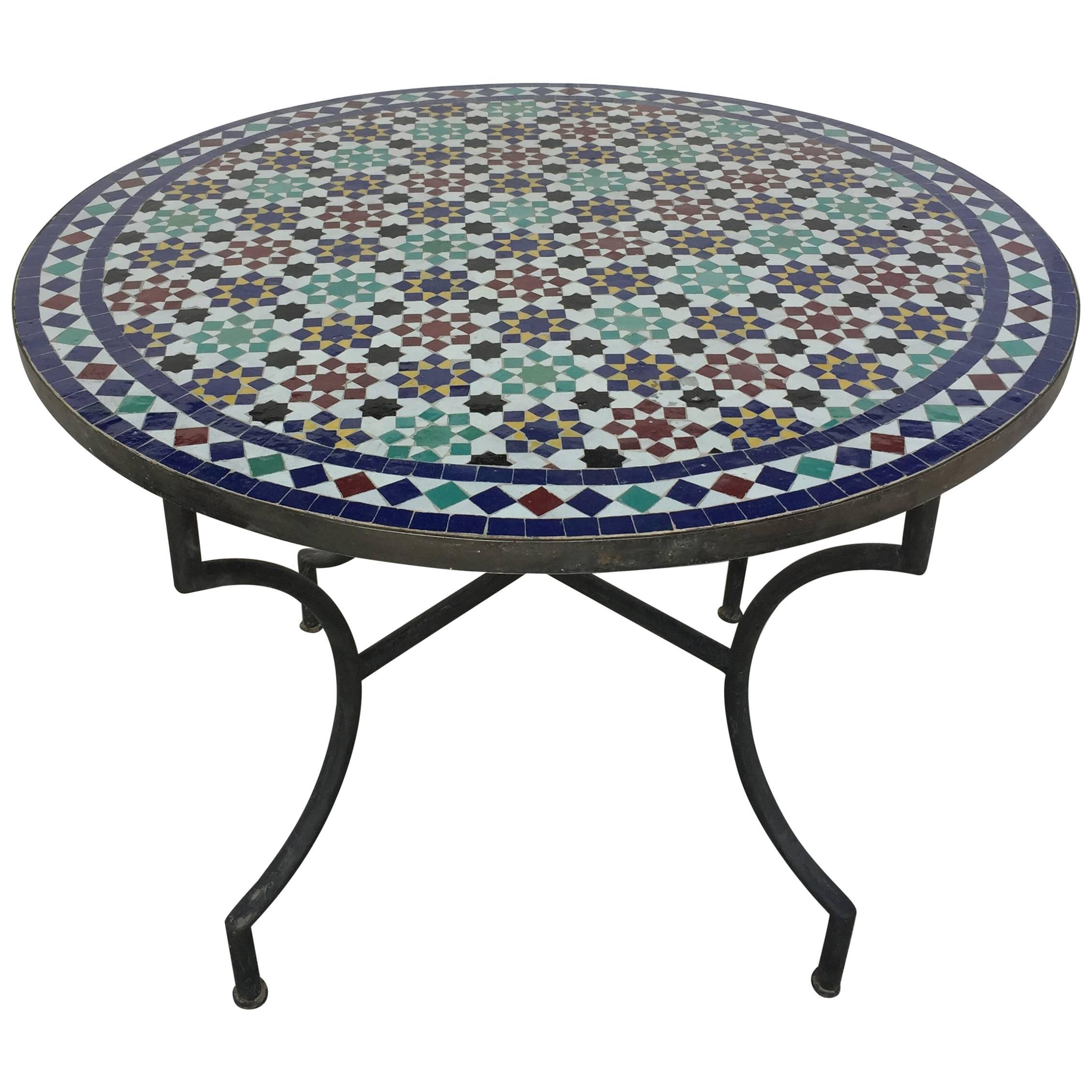 Moroccan Round Mosaic Tile Outdoor Table in Moorish Fez Design