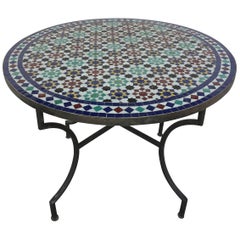 Vintage Moroccan Round Mosaic Tile Outdoor Table in Moorish Fez Design