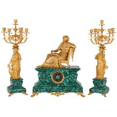 Large Antique Gilt Bronze Mounted Malachite Three-Piece French Clock Set