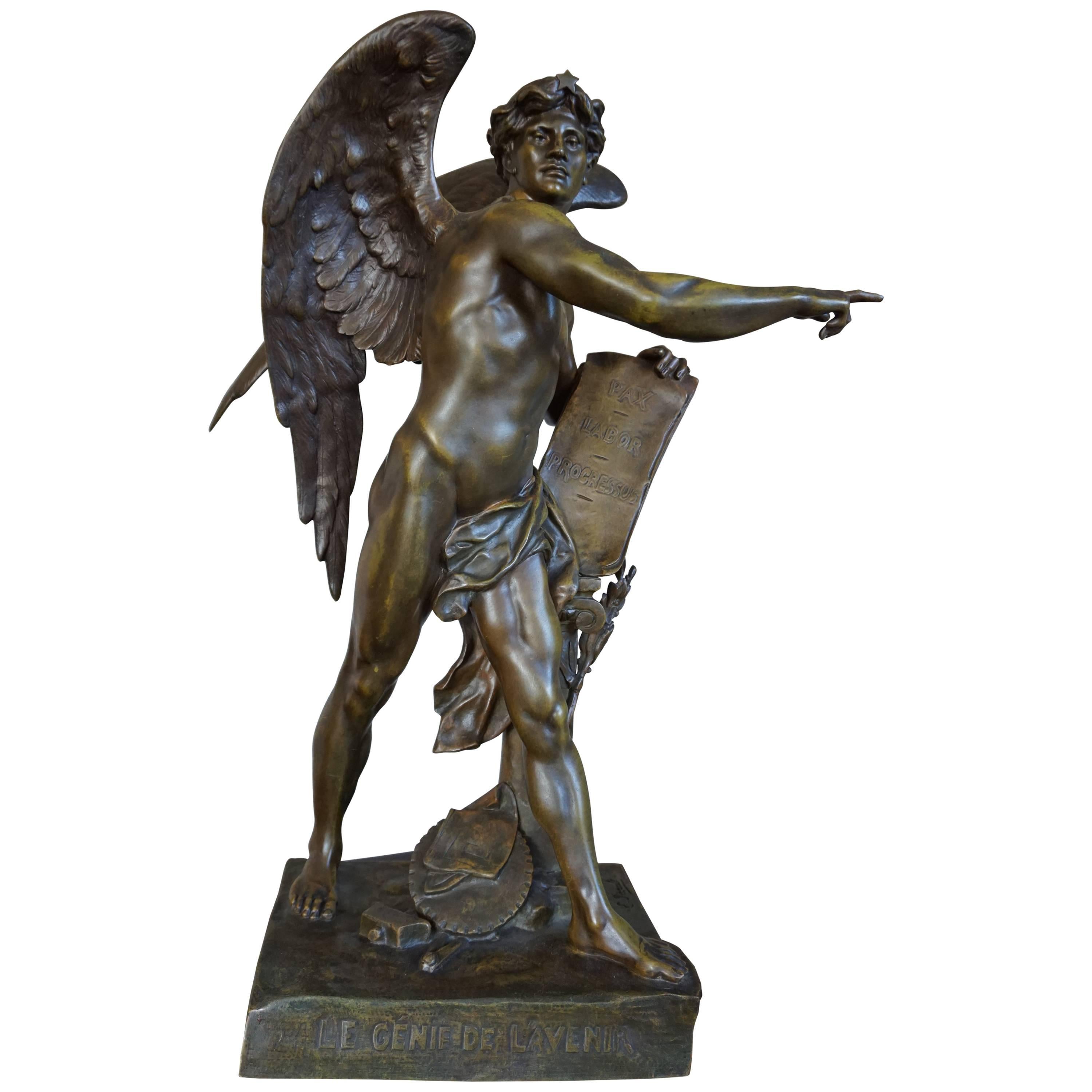 Stunning & Mint Bronze Sculpture the Genius of the Future by Emile Louis Picault