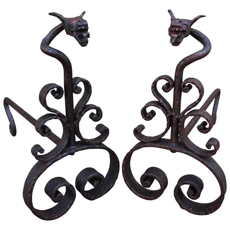 Antique Hand Wrought Iron Dragon Andirons or Firedogs / Fireplace Tools For Sale at 1stdibs