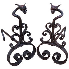 Antique Hand Forged Wrought Iron Dragon Andirons or Firedogs / Fireplace Tools