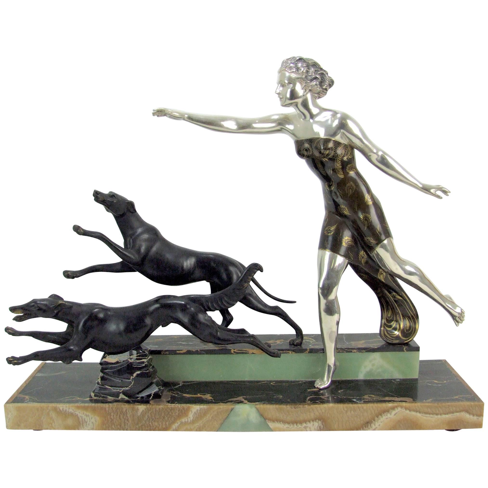 Art Deco Girl and Dogs Statue by Uriano, circa 1925 For Sale