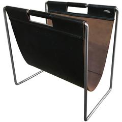 Black Leather and Chrome Retro Vintage Magazine Rack