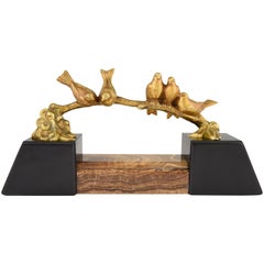 French Art Deco Bronze Sculpture Five Birds on a Branch Signed Dero, 1930