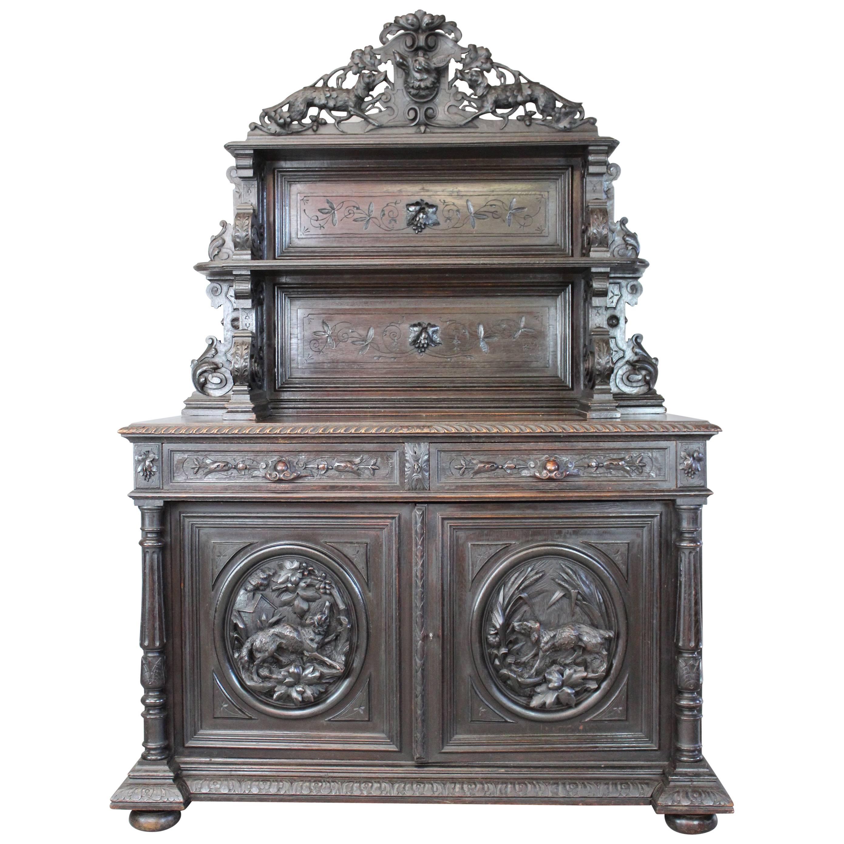 French Carved Hunt Cabinet, 19th Century For Sale