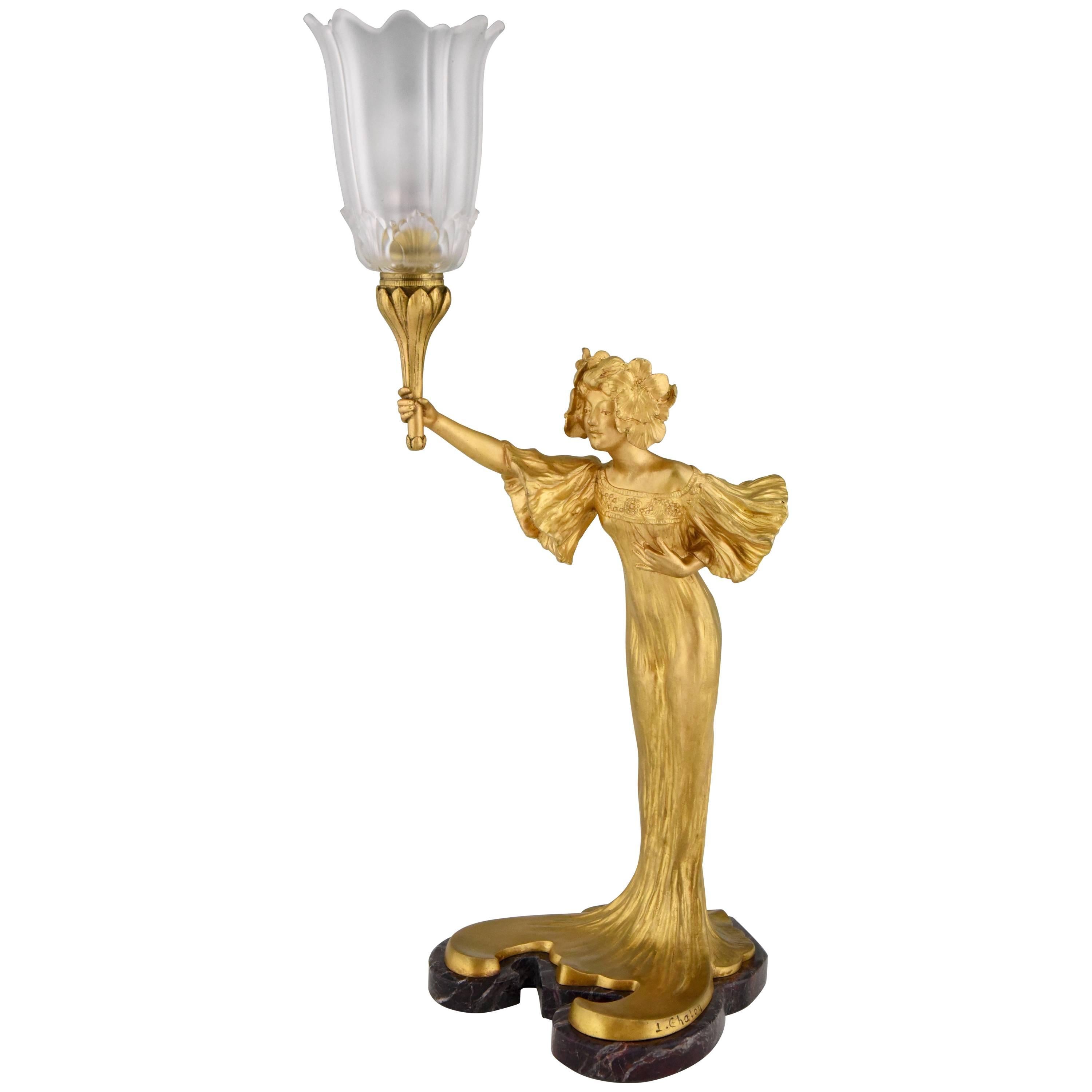 French Gilt Bronze Art Nouveau Lamp Woman Holding a Torch Louis Chalon, 1900