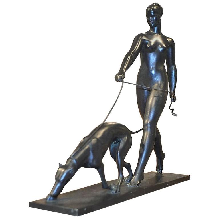 'Woman with Greyhound' by Raymond Rivoire: an Art Deco Bronze Sculpture For Sale