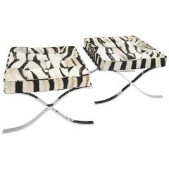 Pair of Barcelona Style Ottomans Restored in Patchwork Zebra Hide