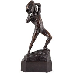 Antique Bronze Sculpture Athletic Male Nude Lifting Stone H. Schmotz