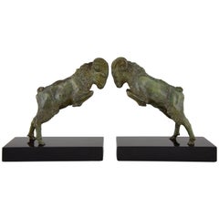 Art Deco Bronze Ram Bookends on Marble Base Signed Scribe, 1930 France