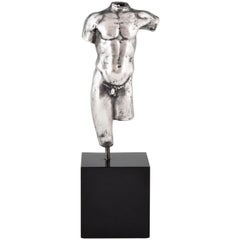 Antique Silver Sculpture Male Nude Torso, France, 1900