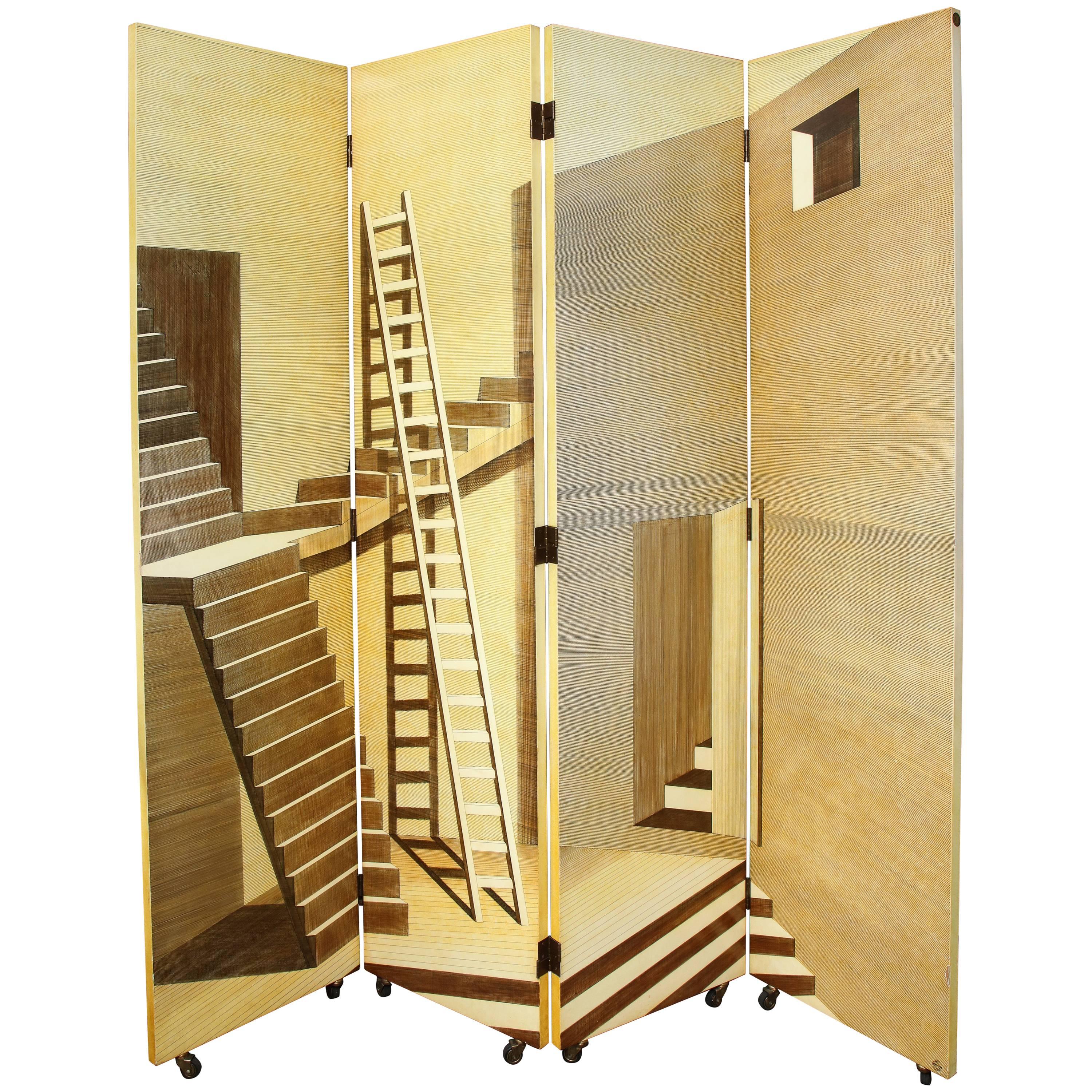 Four-Panel Scaletta Folding Screen Piero Fornasetti Italy Trompe L’Oeil Transfer