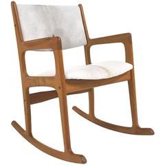 Mint Condition Danish Benny Linden Teak Rocking Chair in Brazilian Calfskin