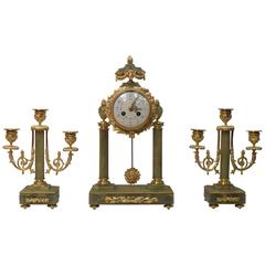 French Onyx Marble and Bronze Gilt Clock Set