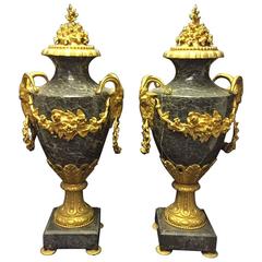 Pair of Louis XVI Style Gilt Bronze-Mounted Marble Urns