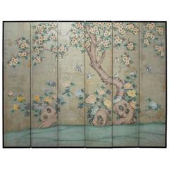Chinoiserie Painted Silver Leaf Six-Panel Wallpaper Screen