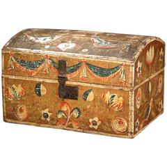 Antique 18th Century French Normandy Painted Decorative Box with Bird and Floral Motifs