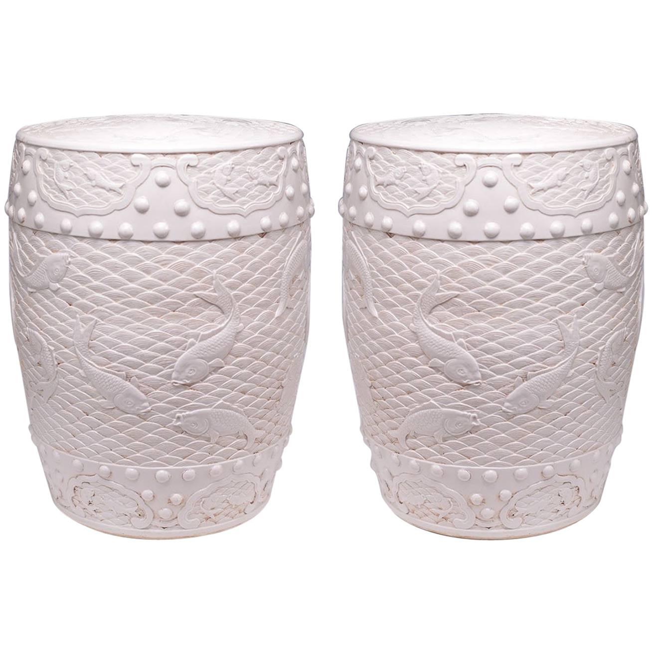 Pair of Fine Carved Blanc-de-chine Porcelain Stools For Sale