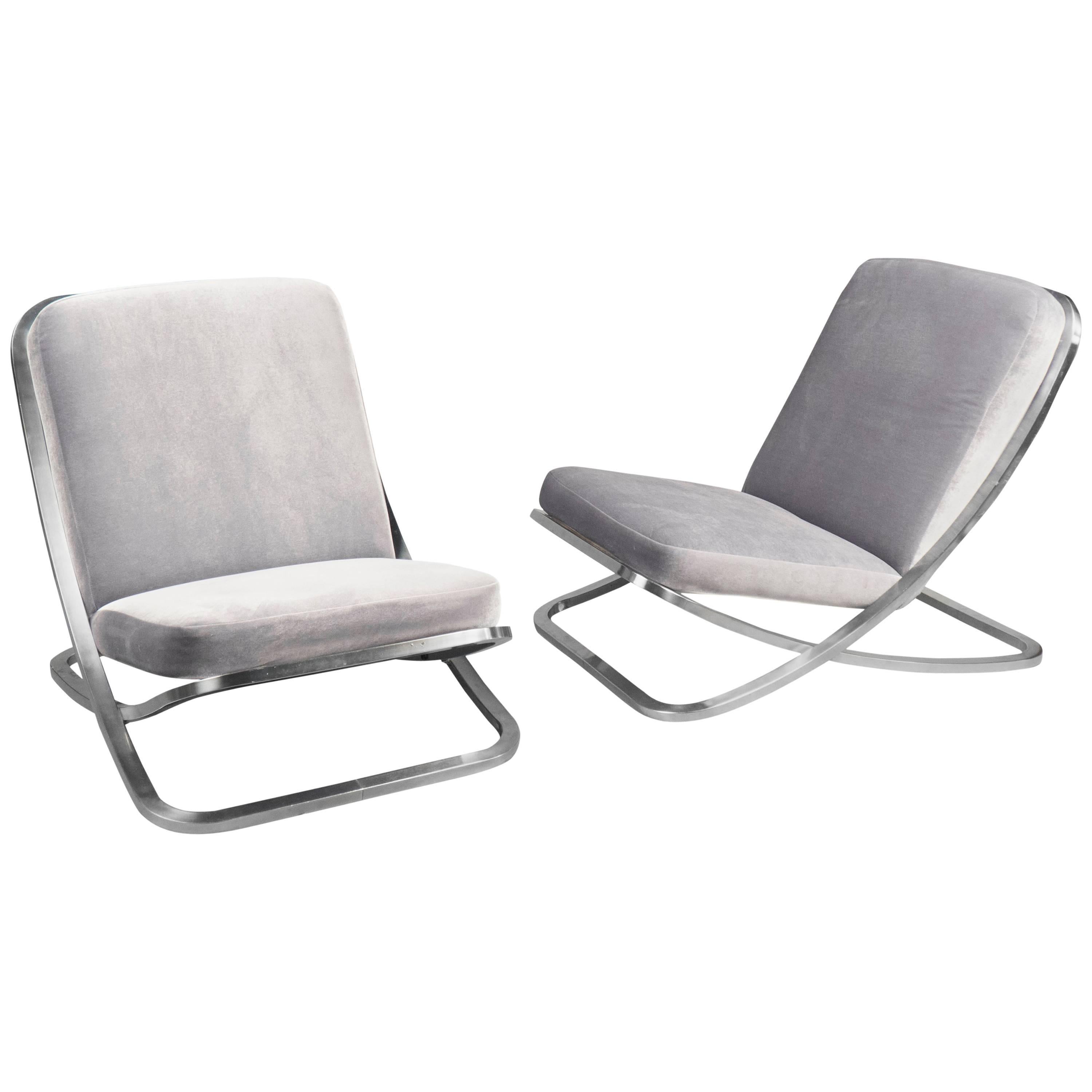 Pair of Low Nickel Slipper Chairs, France, 1970s