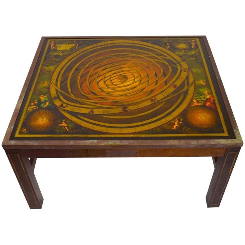 Brass Bound Coffee Table with Ptolemaic Astrological Map Surface