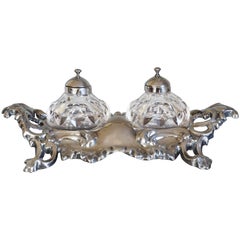 Antique Sterling Silver Rococo Style Inkstand with Crystal Glass Inkwells, 1859