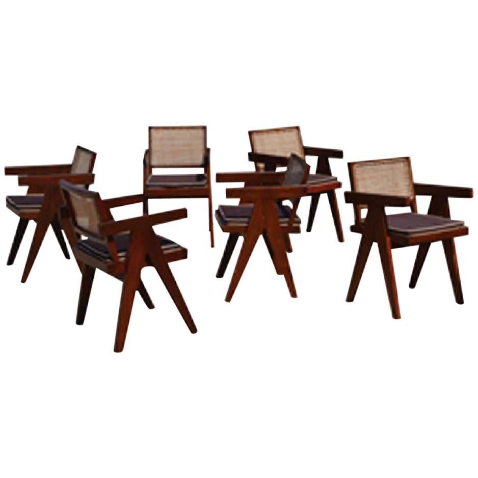  Pierre Jeanneret Teak Six Office Cane Armchairs for Chandigarh, India 1.950s
