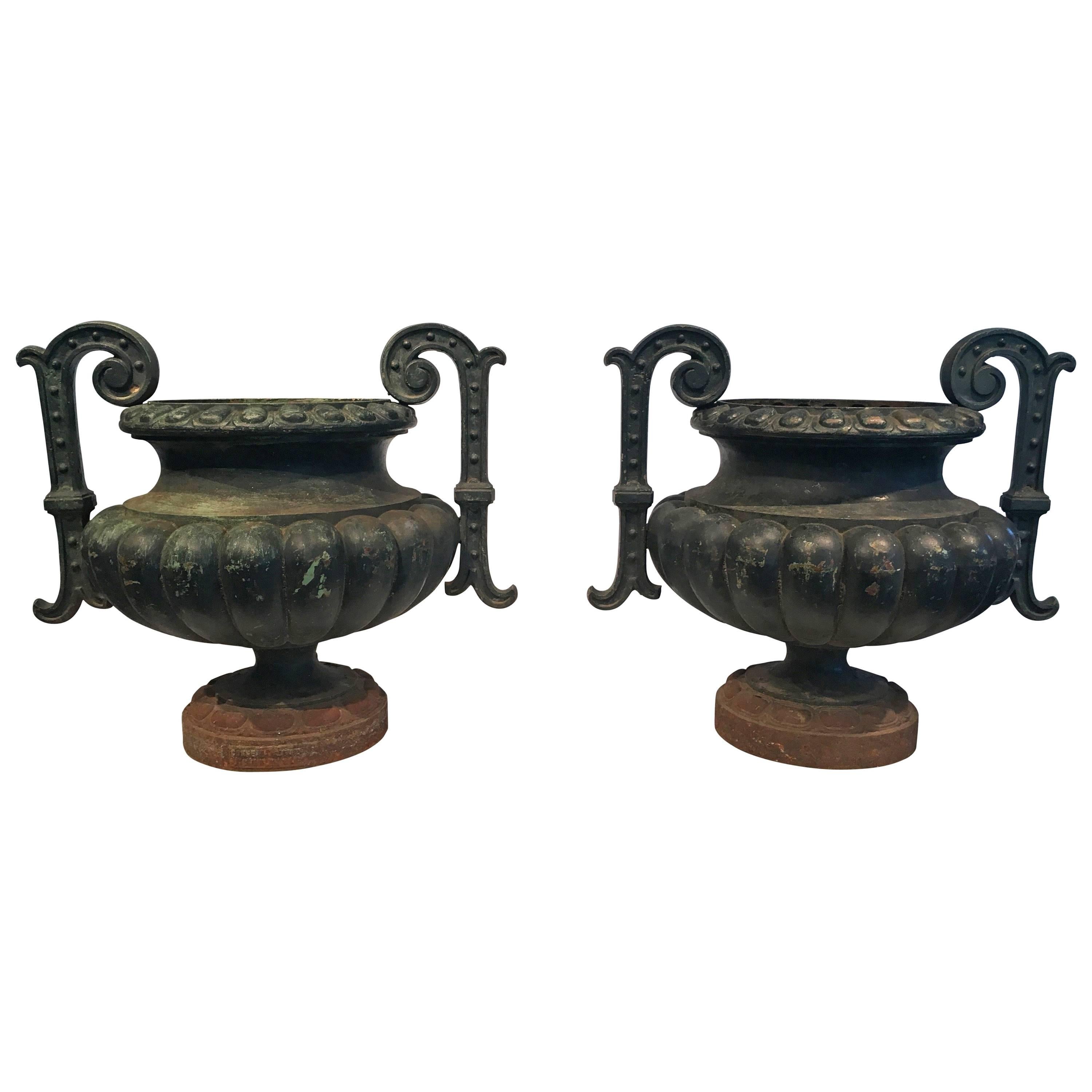 Pair of French Cast Iron Handled Urns, Signed Alfred Corneau