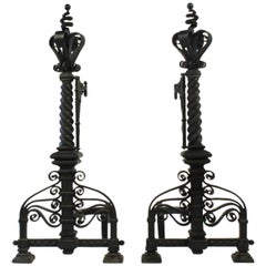 Pair of Very Large Arts & Crafts Wrought Iron Fireplace Andirons, 1880s-1900s