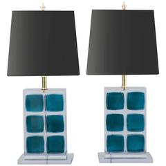 Pair of Blue and Clear Resin Lamps with Black Linen Drum Shades, Italy, 2017 3