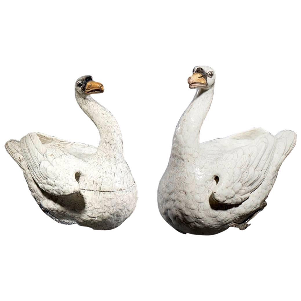 19th Century Pair of Faience Swans For Sale