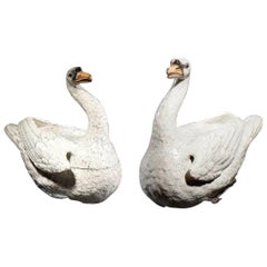 19th Century Pair of Faience Swans