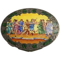 Antique Continental Hand Enameled Silver Compact with Scene of Celebration