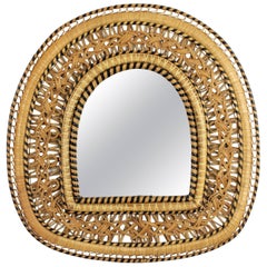 Rare Spanish, 1970s Handcrafted Wicker and Rattan Semi-Oval Mirror