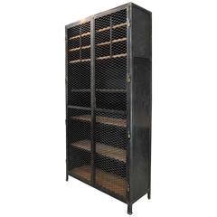 Large Industrial Mesh Doors Bookcase Iron Cabinet, 1930s
