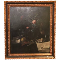 19th Century Oil on Canvas Still Life Signed with Label in an Ebony & Gilt Frame
